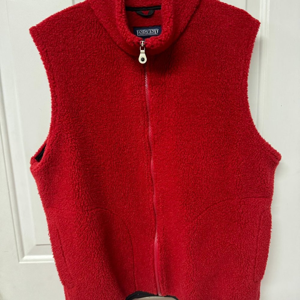 Lands End Full Zip Red Fuzzy Pile Fleece Vest